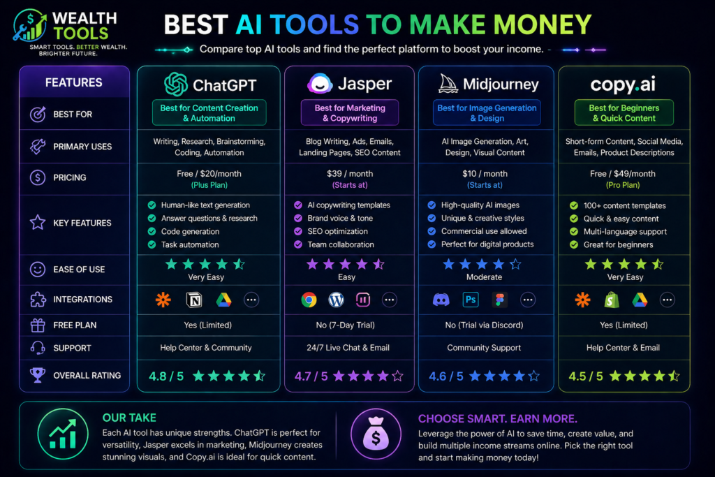 AI tools to make money online comparison table