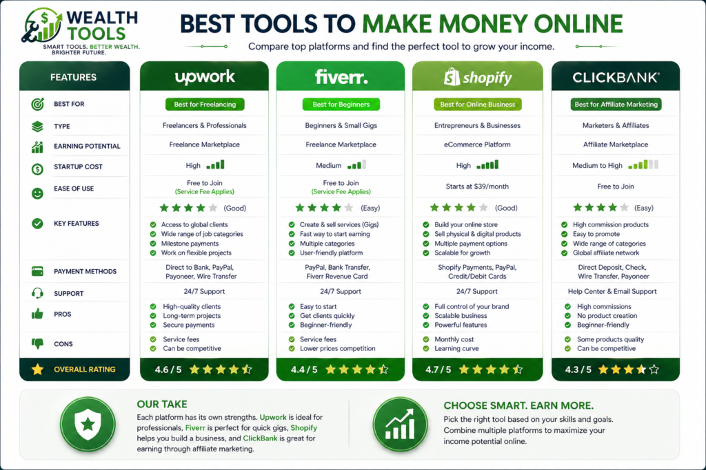 comparison table of tools to make money online on Money Making Tools page on Wealth tools Website