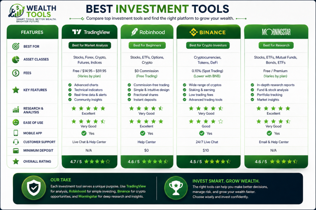 Best investment tools comparison table on Investment tools page on Wealth tools website